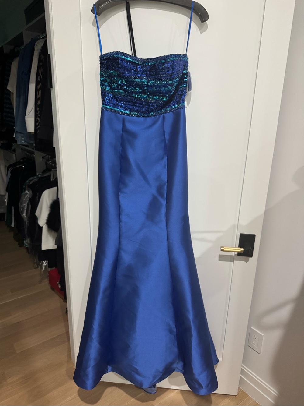 madison james Royal Blue Strapless Sequin Bodice Gown